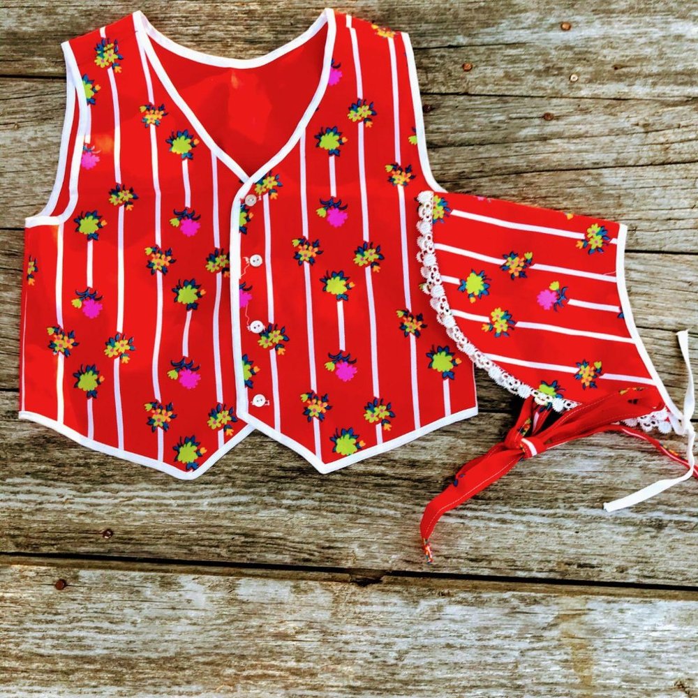 Vintage Girls Handmade Red Stripe Floral Vest Hat